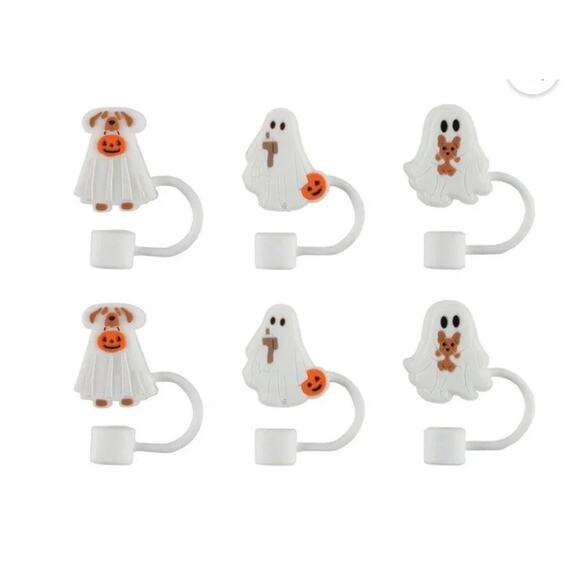 SWC 6 Piece Straw Toppers Ghosts Dogs White Halloween New - Picture 2 of 6
